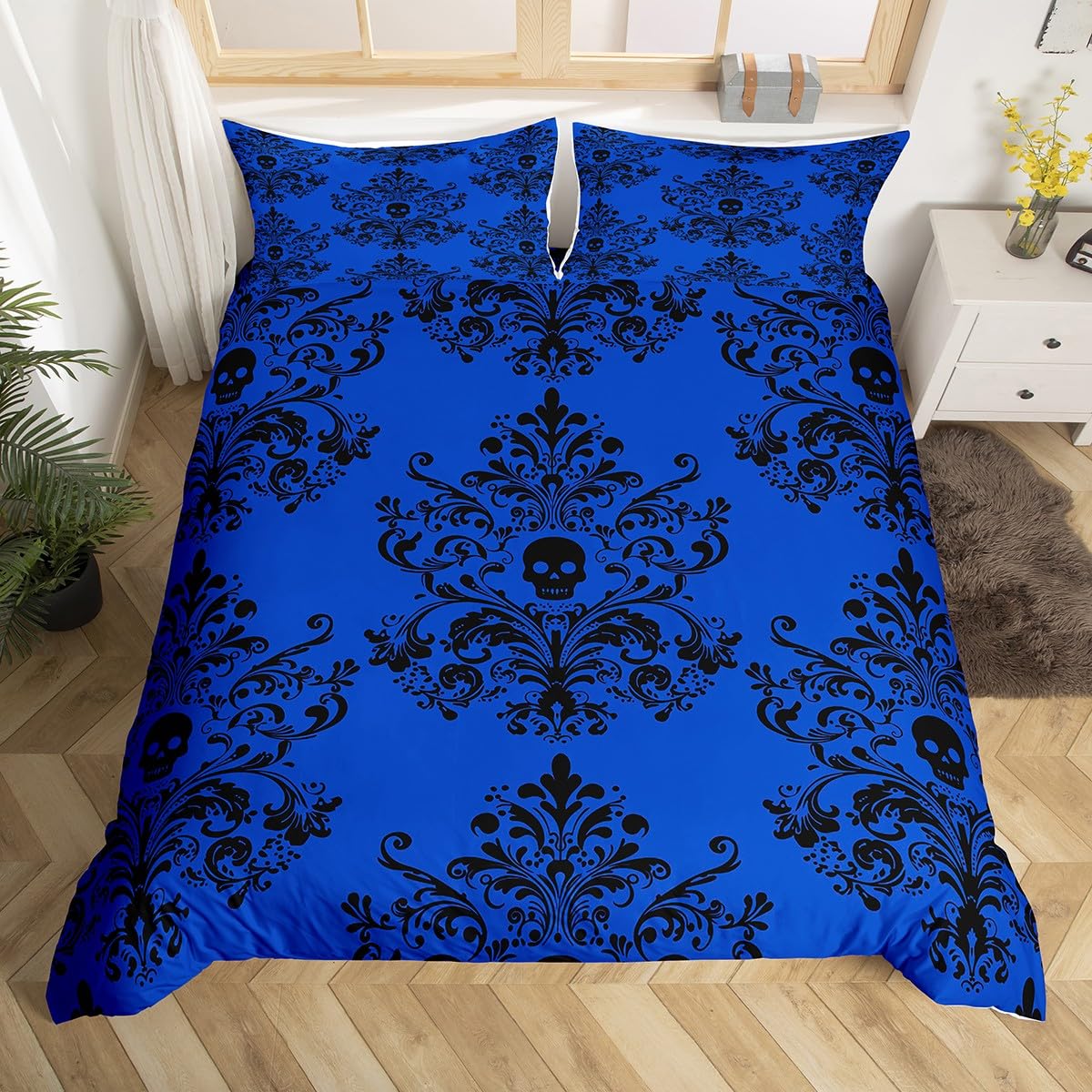 Loussiesd Damask Floral Duvet Cover Junior/Cot Bed Size Vintage Jacquard Bedding Set for Boys Girls Deep Blue Black Comforter Cover Exotic Sugar Skull Bedroom Decor 2Pcs Closure with 1 Pillowcases
