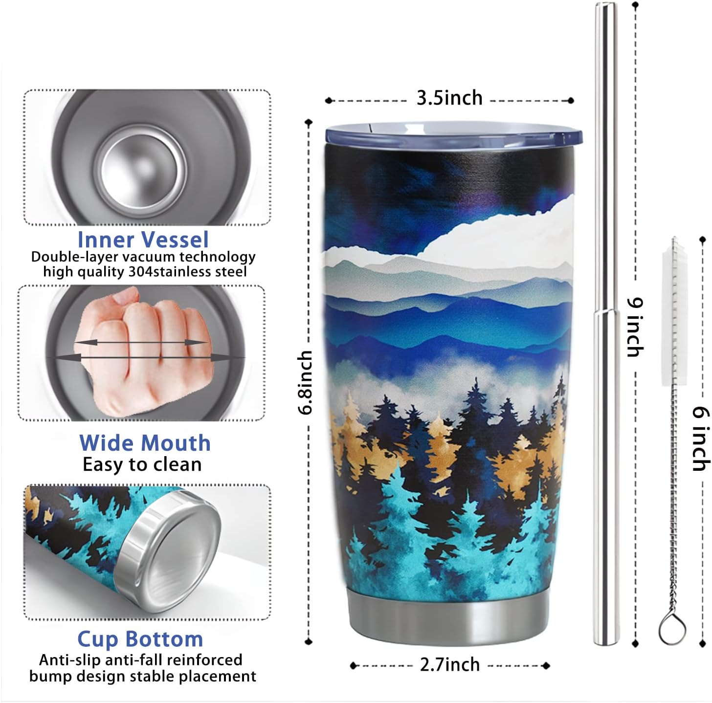 Forest Tree Tumbler, Mountain Tumbler with Lid and Straw, 20oz Vacuum Insulated Coffee Cup, Nature Coffee Mug Gifts for Women,Men, Reusable Stainless Steel Tumbler Cups - Image 6