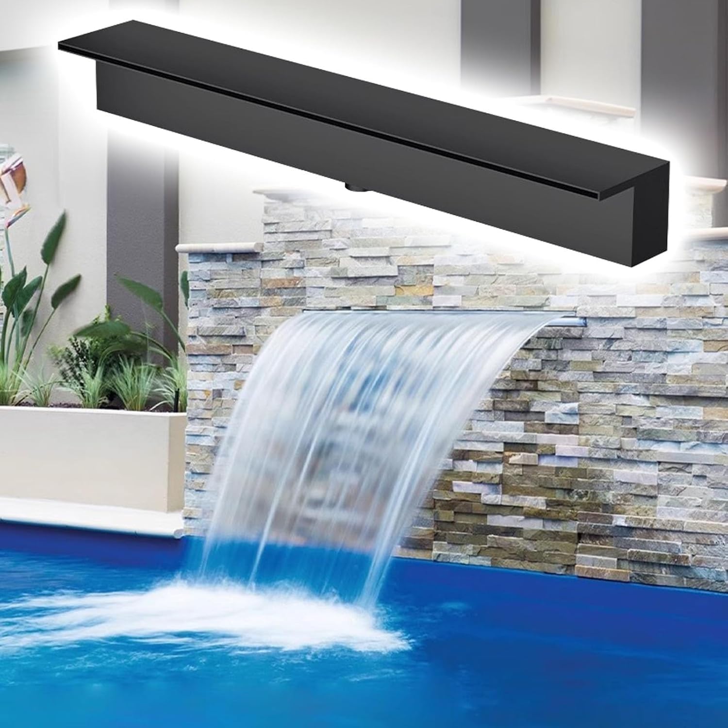 Customizable Stainless Steel Waterfall Spillway for Garden Fountains & Fish Ponds, 25cm/9.8in Outlet, Black & Silver, Durable PVC Connector, Ideal for Water Features