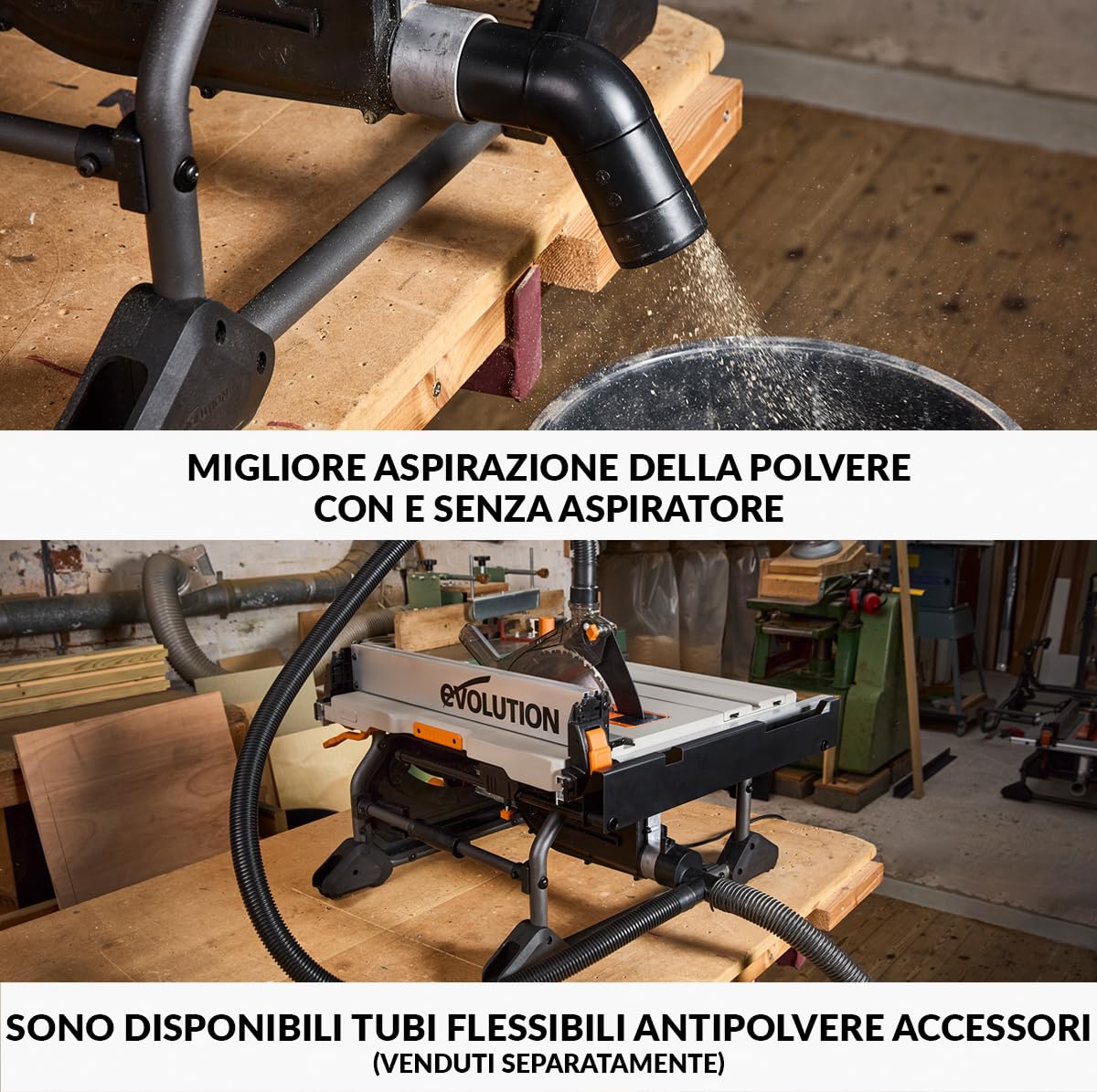 Evolution Power Tools R255TBL Sega da banco (La prossima generazione Rage 5-S) Lama da taglio multimateriale Taglia legno metallo plastica, smusso a 45°, angolo obliquo +/- 60°, 1650 W