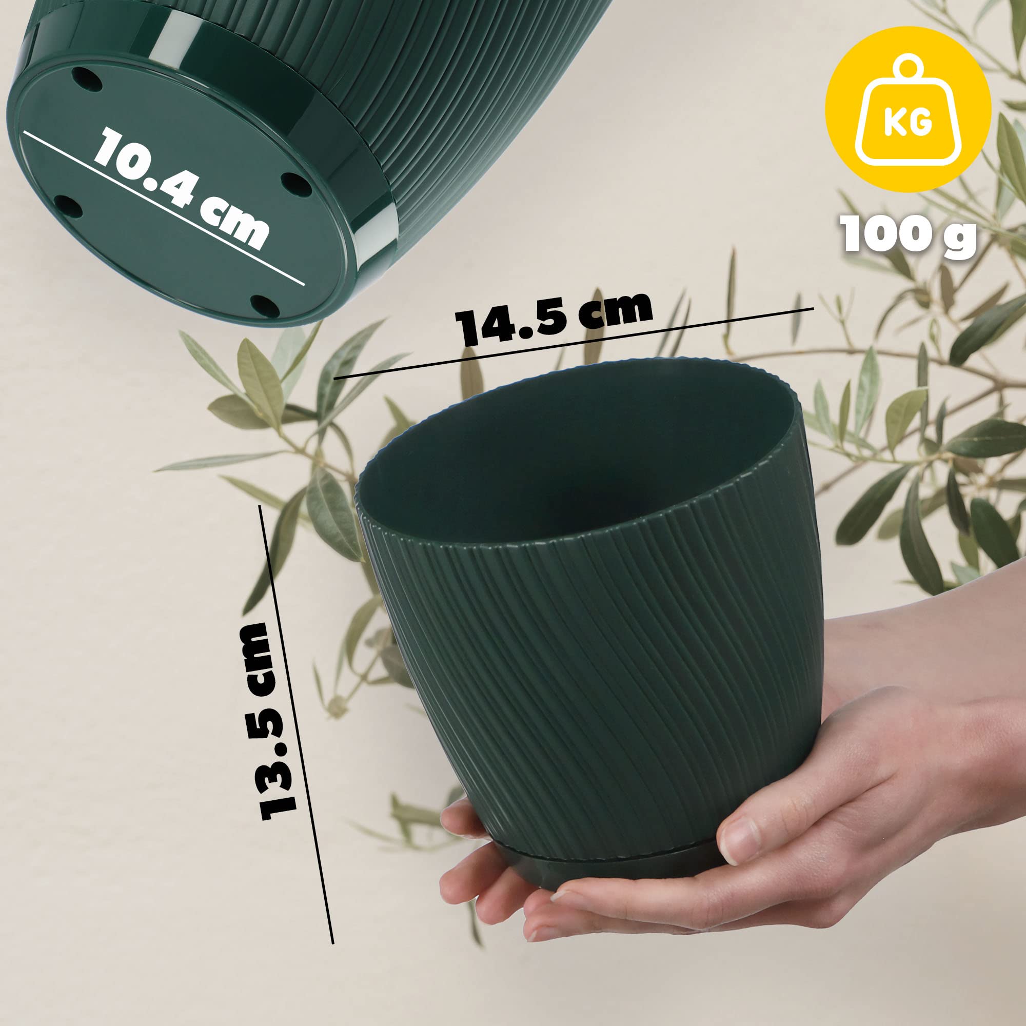 KADAX Maceta con plato, maceta en forma de onda tridimensional, maceta de plástico, maceta decorativa para flores, cactus y hierbas (15 cm, verde)
