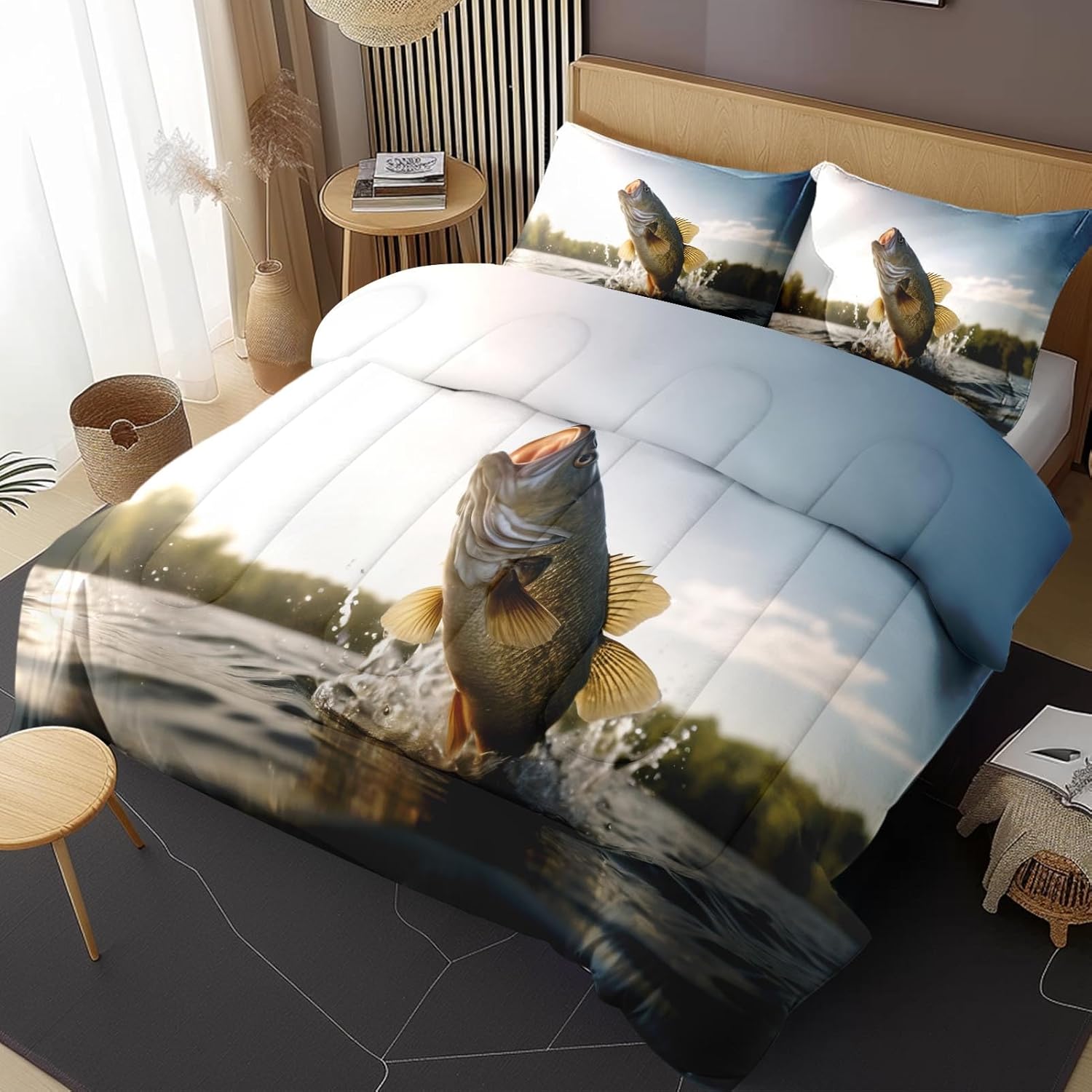 Comforter Set with 2 Pillowcases Full Size, Big Bass Fish Hunting Fishing, Bed Decor Nature Lake Life Pike Fish Scales for Kids and Adults, Soft Cozy Bedroom Bedding Set - Image 3