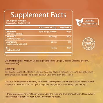 VELOTO Vitamin D3 K2 Magnesium Zinc Supplement, Magnesium & Zinc Citrate | 7500 IU Vitamin D3 + 300 mcg K2 MK-7, 4-in-1 Daily Wellness Support, Bone Muscle & Immune Support, 180 Softgels, Non-GMO