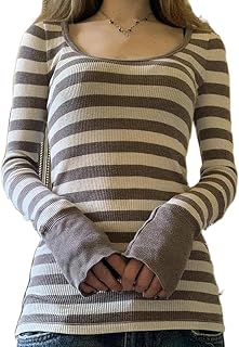 Women Y2k Striped Grunge Shirts Long Sleeve Crewneck Tee Shirt Top 90s Vintage Aesthetic Harajuku Goth Tops Fall