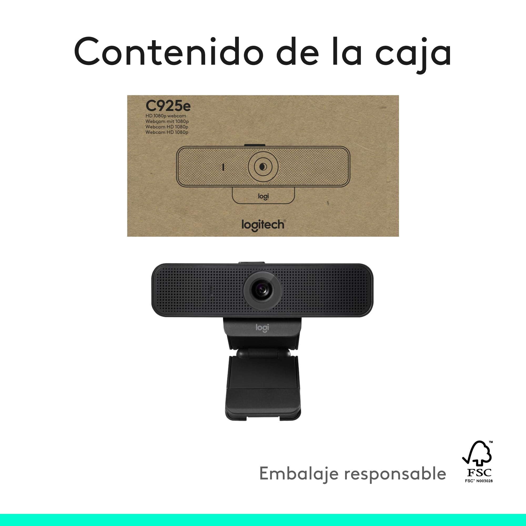 Logitech C925e, Webcam empresarial, Video HD 1080p/30fps, corrección de luz, Enfoque automático, Audio Claro, Obturador de privacidad, para Microsoft Teams, Google Meet, Skype, WebEx, Cisco - Negro