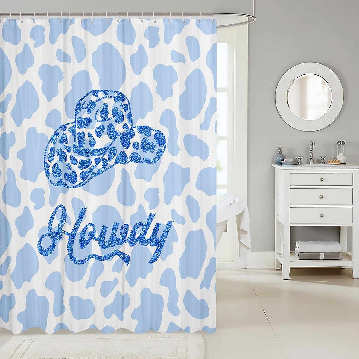 Cortina de ducha de vaquera occidental, con estampado de piel de vaca azul y blanco, decoración de habitación de niños, niñas y adultos, cortina impermeable de piel de vaca con purpurina, 72 pulgadas
