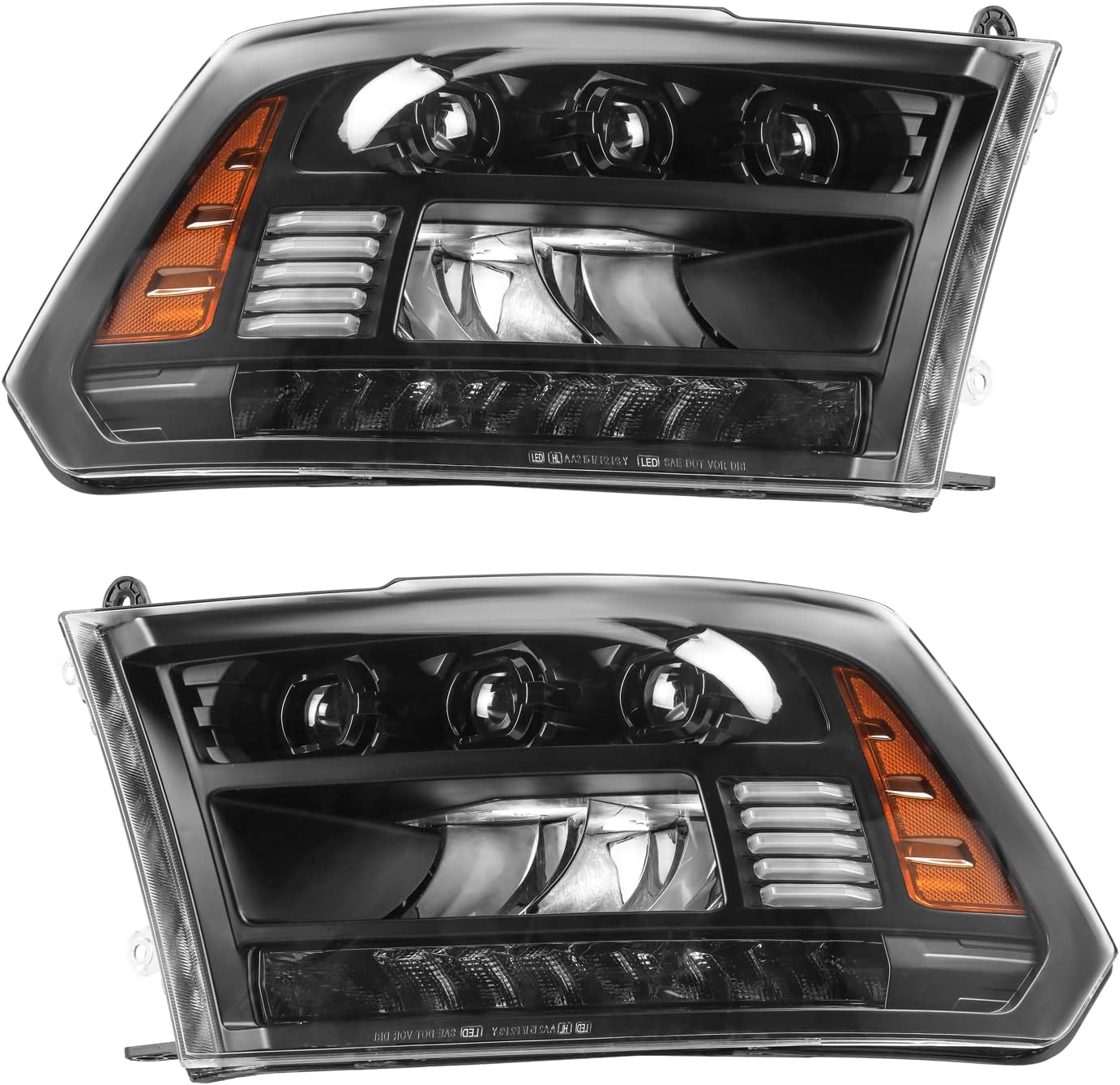 Winjet for 2013-2018 Dodge Ram 1500 2500 3500 & 2019-2024 Ram 1500 Classic with factory led position light headlights with Amber Reflector Headlamp Replacement DRL Sequential Turn Signal