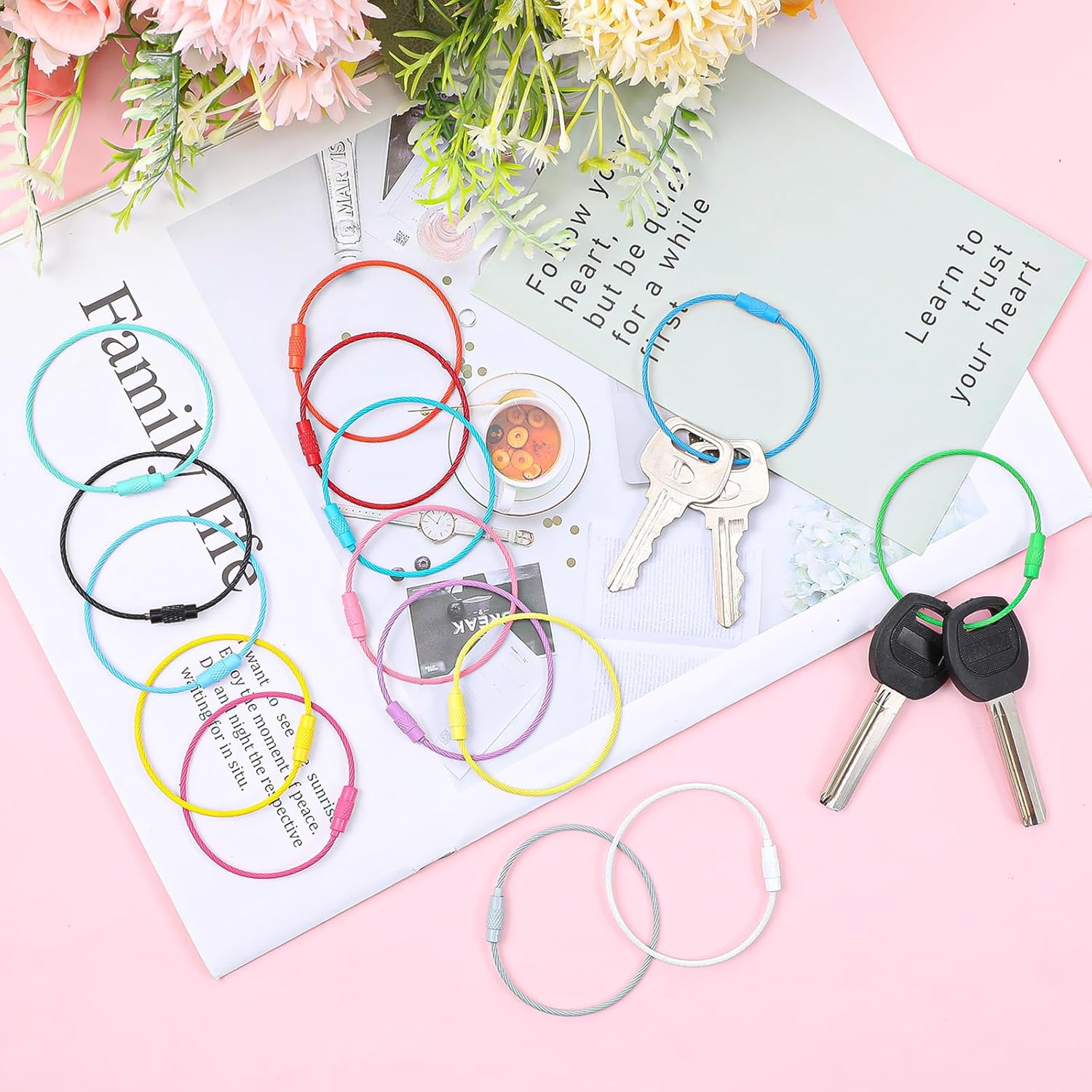 Bewudy 15pcs Wire Keychain Cable, Stainless Steel Loops 1.5mm Flexible Key Rings 6 Inch Metal Luggage Tags Large Keys Rings Detachable Wire Key Ring Colored - Image 7