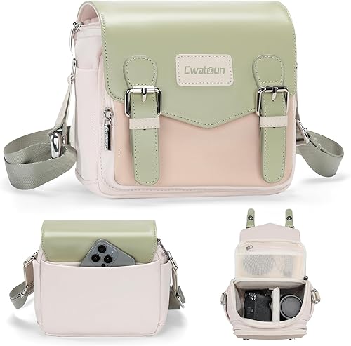 Miniatura 12 de Cwatcun Bolsa de Hombro para Cámara Estuche de Cámara Compacta, Pequeña Bolsa Mensajero Impermeable para Cámara con Soporte para Trípode, Bolsa de