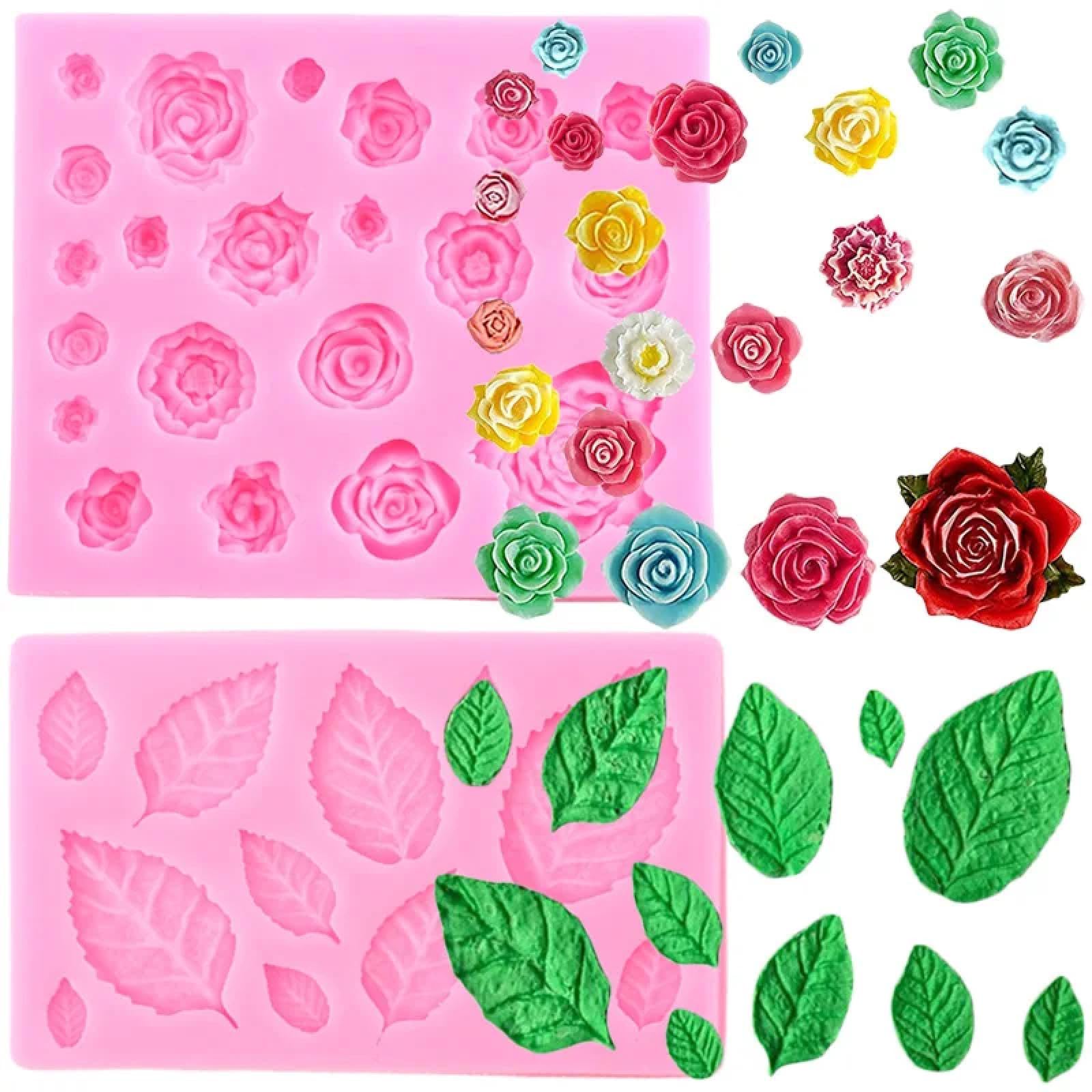 Moldes de silicona, moldes de chocolate, 2 unidades de 12 x 10 cm, diseño de hojas de fondant de rosas, moldes de silicona, decoración de pasteles, cupcakes, arcilla, caramelos, chocolate, moldes de