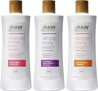 RawSugar Simply Body Wash Variety Trio Pack - Vegan Sulfate-Free Shower Gels: Coconut Mango, Pineapple Berry Coconut, Watermelon Mint (3x25oz)