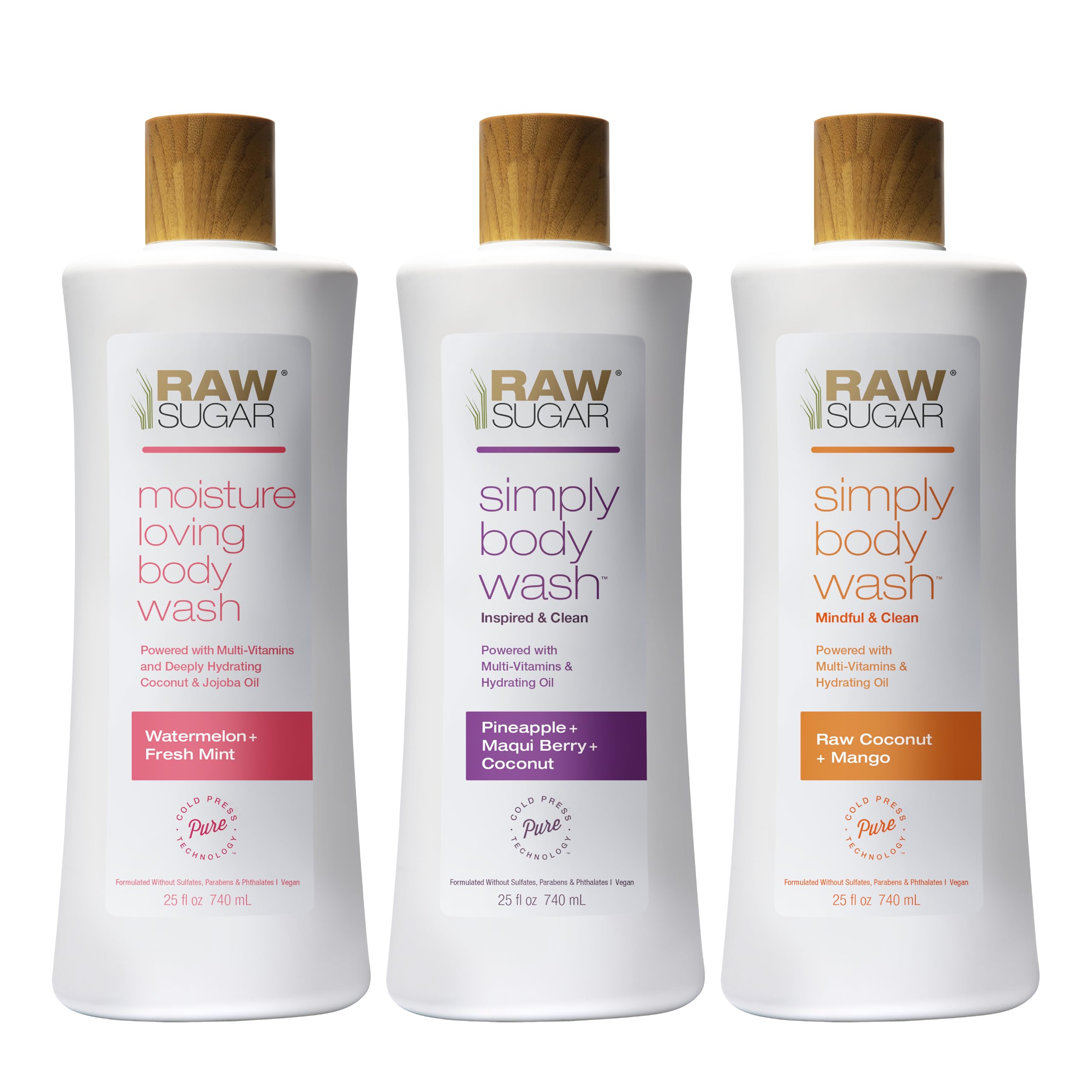 RAW SUGAR Simply Body Wash Variety Trio 25 Fl Oz Pack of 3 Vegan Bath Shower Gel Raw
