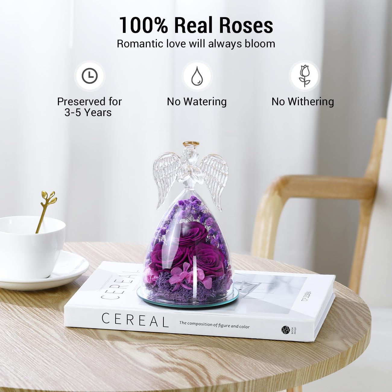 Emibele Preserved Rose Glass Angel Figurines Gifts for Mom Grandma, Purple