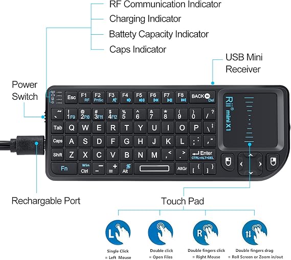 Rii 2.4G Mini Wireless Keyboard with Touchpad Mouse,Lightweight Portable Controller with USB Receiver Remote Control for Windows/Mac/Android/PC/Tablets/TV/Xbox/ PS3. X1-Black
