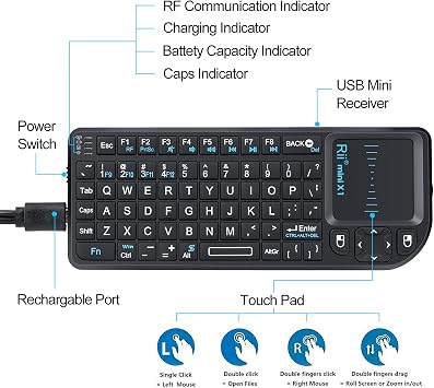 Rii 2.4G Mini Wireless Keyboard with Touchpad Mouse,Lightweight Portable Controller with USB Receiver Remote Control for Windows/Mac/Android/PC/Tablets/TV/Xbox/ PS3. X1-Black