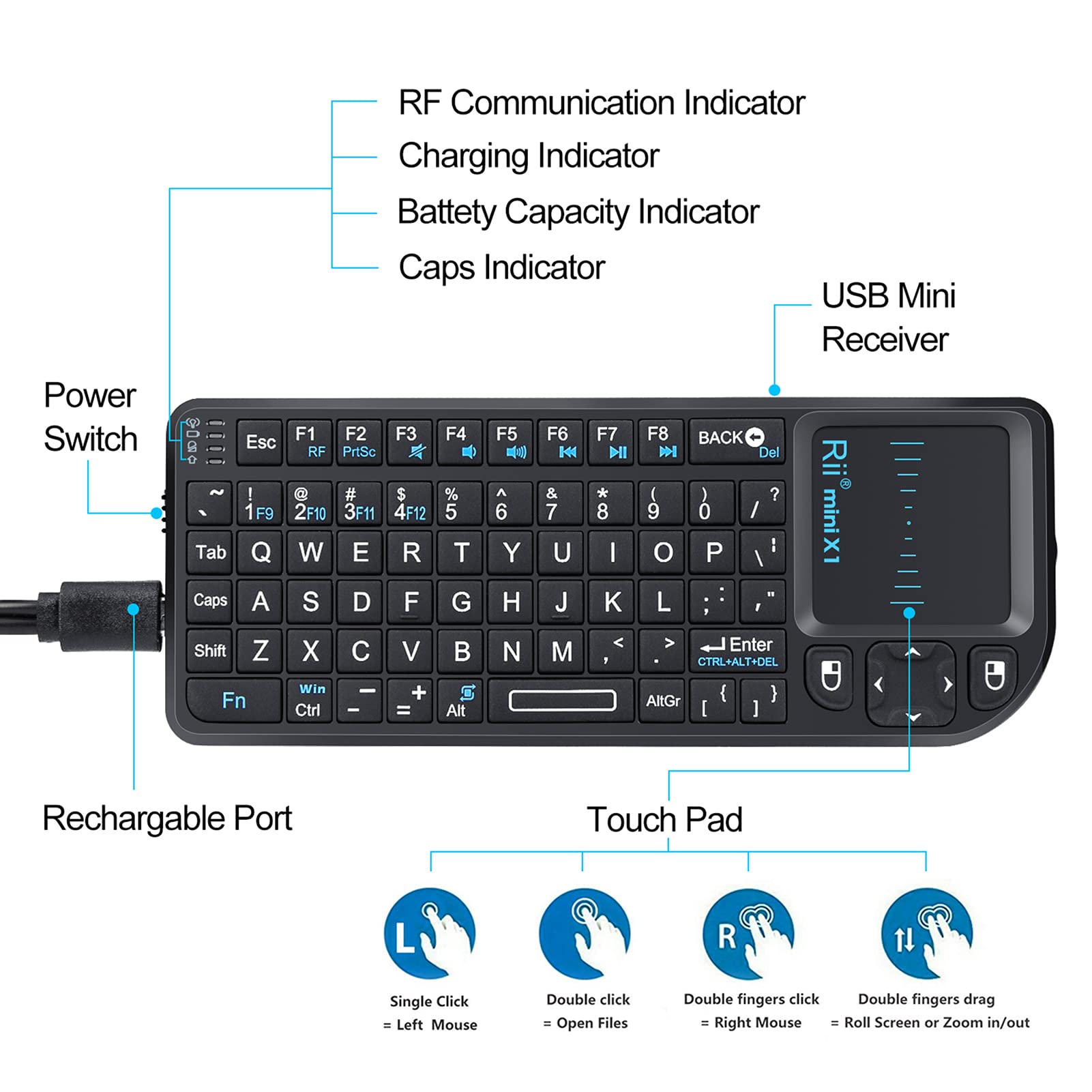 Rii - Mini tastiera wireless 2,4 G con mouse touchpad, controller portatile leggero con ricevitore USB, telecomando per Windows/Mac/Android/PC/tablet/TV/Xbox/PS3. X1-nero