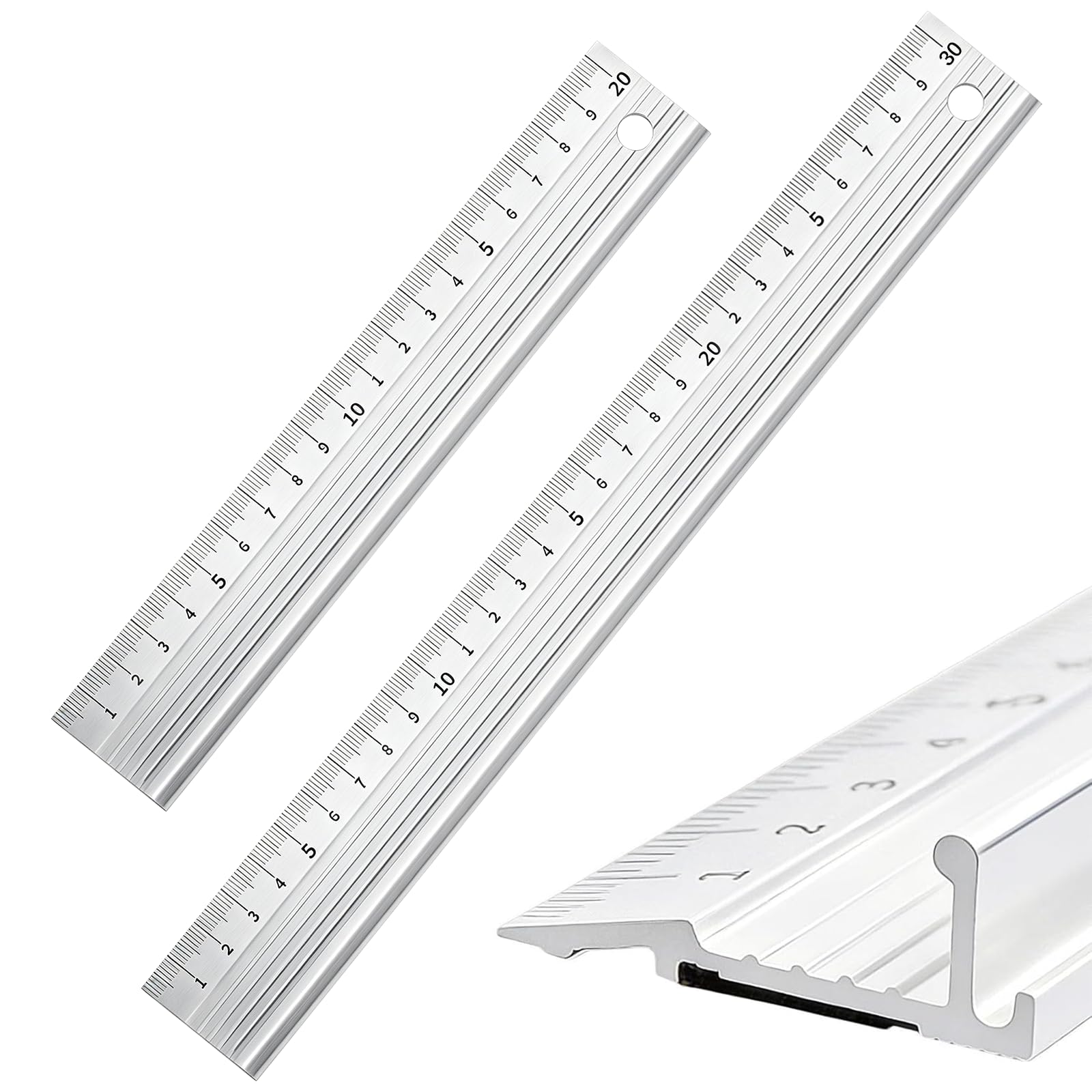 Aluminium Metal Ruler 30cm & Steel Ruler 20cm Set, Metal Ruler for Cutting, Non Slip Backing and Laser Engraved Scale for DIY, Craft, Precision Measurement