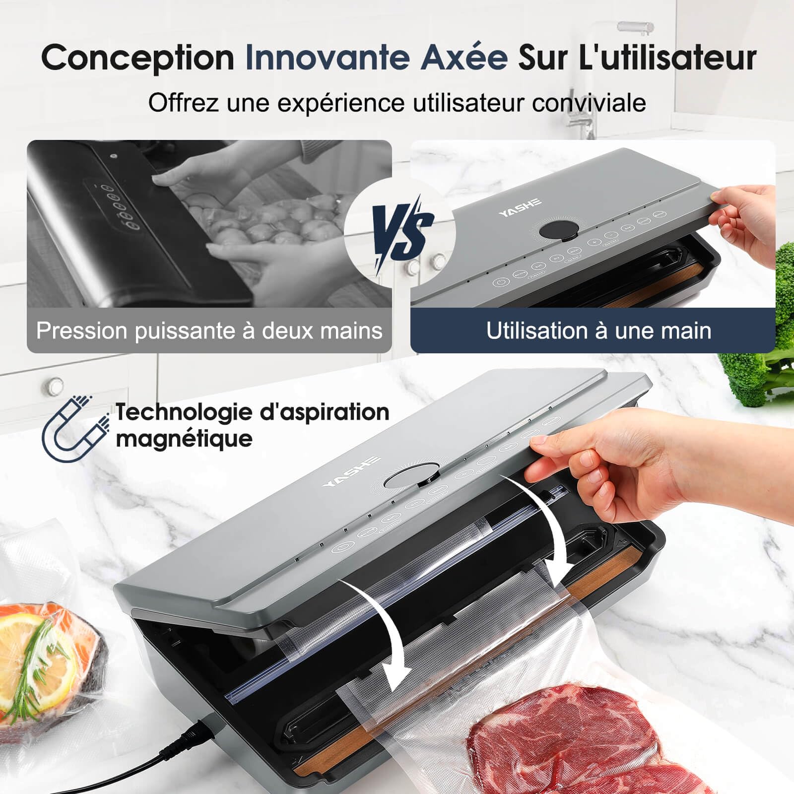 YASHE 80KPA Machine Sous Vide Alimentaire avec Couvercle Magnétique, 10-en-1 Double Pompe et Double Scellage Machine Sous Vide, Rangement de Rouleau Intégré, 1 Rouleau de Sacs Inclus