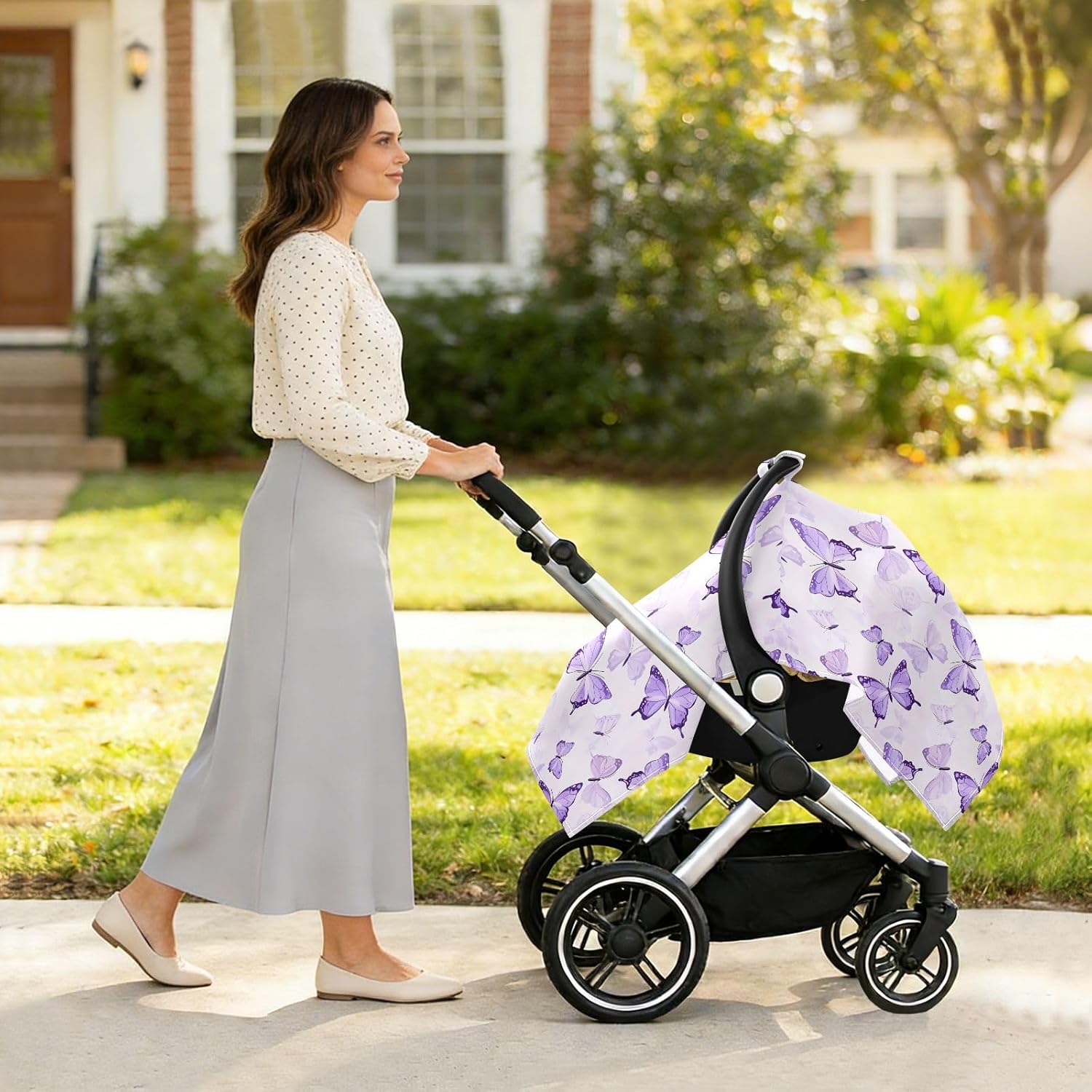 Purple Butterflies Infant Car Seat Cover Baby Stroller Carseat Covers Canopy Girls Boys Muslin Breathable Soft Lightweight Sun Shade Universal Fit