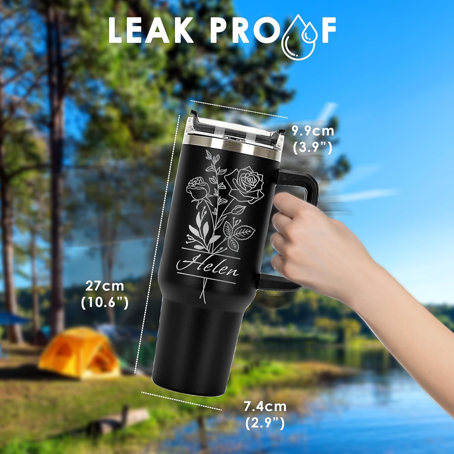 LifGif Birth Month Flower Personalized Tumbler 40 oz Laser Engraved, Insulated Cup with Handle, Lid and Straw, Stainless Steel Large Vacuum Insulated - Custom Gift for Bridal Party, Birthday Gift