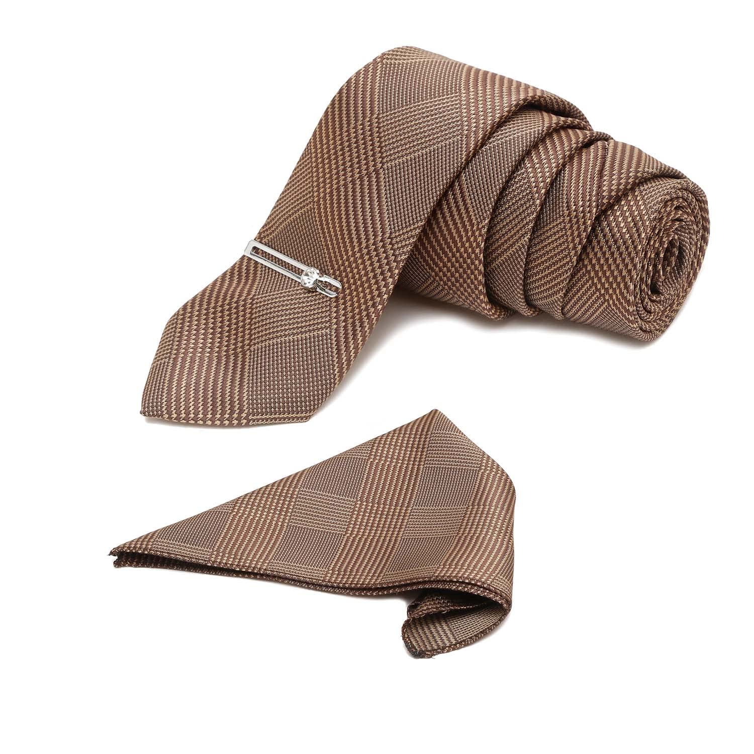 Mens Maple Brown Italian Silk Necktie Set Incl Pocket Square Chrome Tiepin American Style Formal Tie Gift Set for Men (TECPBR07)-image-5
