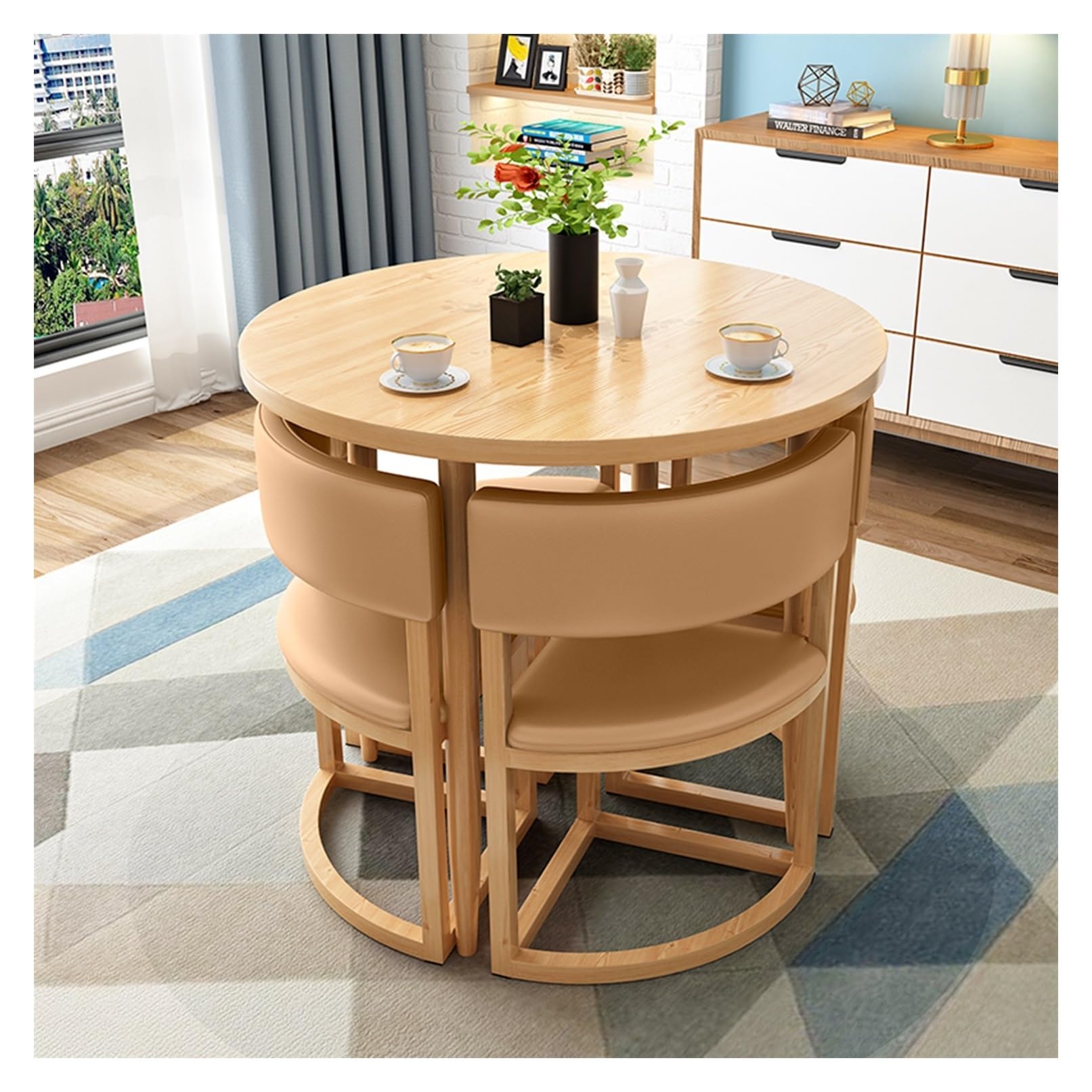 Modern Round Dining Table and Chair Set for Small Spaces Yellow 80cm,Brown-80 * 80cm