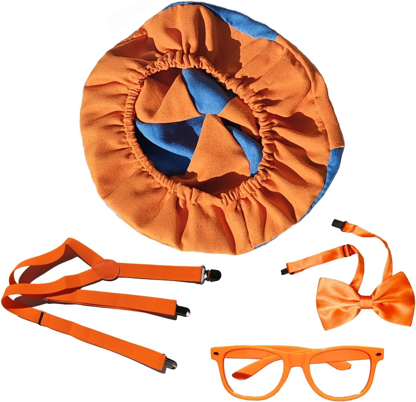 4-Piece Halloween Dress Up Kit, Includes Orange Suspenders, Blue Orange Hat, Bow Tie, Fun Glasses, Themed Party Costume Accessories