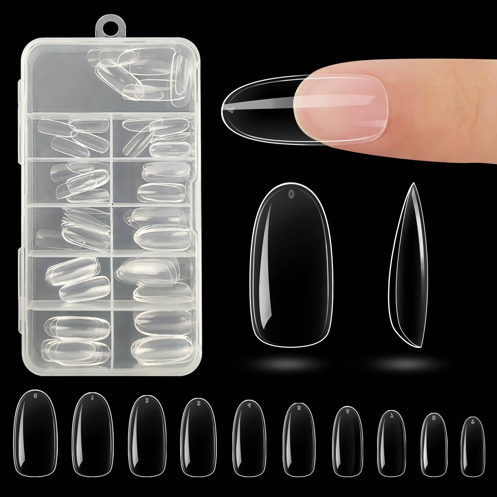 100pcs Clear Long Oval Nails, 10 Sizes Full Cover Fake Nails Set, Suitable for Nail Extensions and DIY Manicures, Acrylic Nails