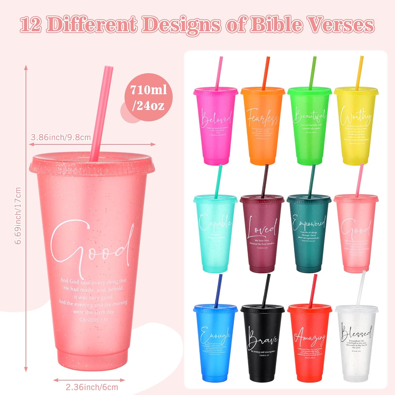 Havawish Inspirational Christian Gift Bible Verse Tumbler Bulk 24 oz Religious Plastic Drinking Cups with Lid Straw for Women's Day Mother Father Grandma Church Sunday School(12 Set,Colour) - Image 2