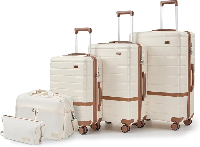 Luggage Sets 3 Piece with TSA Lock Hardside PC+ABS Carry On Suitcase with Spinner Wheels Lightweight Rolling Travel Luggage Sets with YKK Zippers (Beige)
