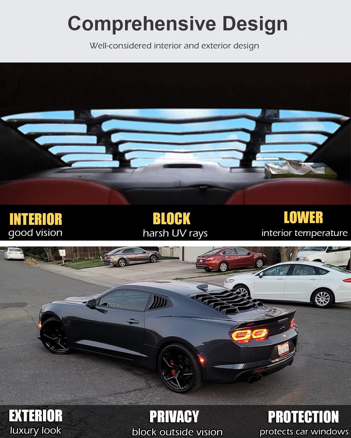 for Camaro Rear & Side Window Louvers Windshield Cover Sunshade Louver Fit for Chevy Camaro 2016 2017 2018 2019 2020 2021 2022 2023 2024 2025 Matte Black