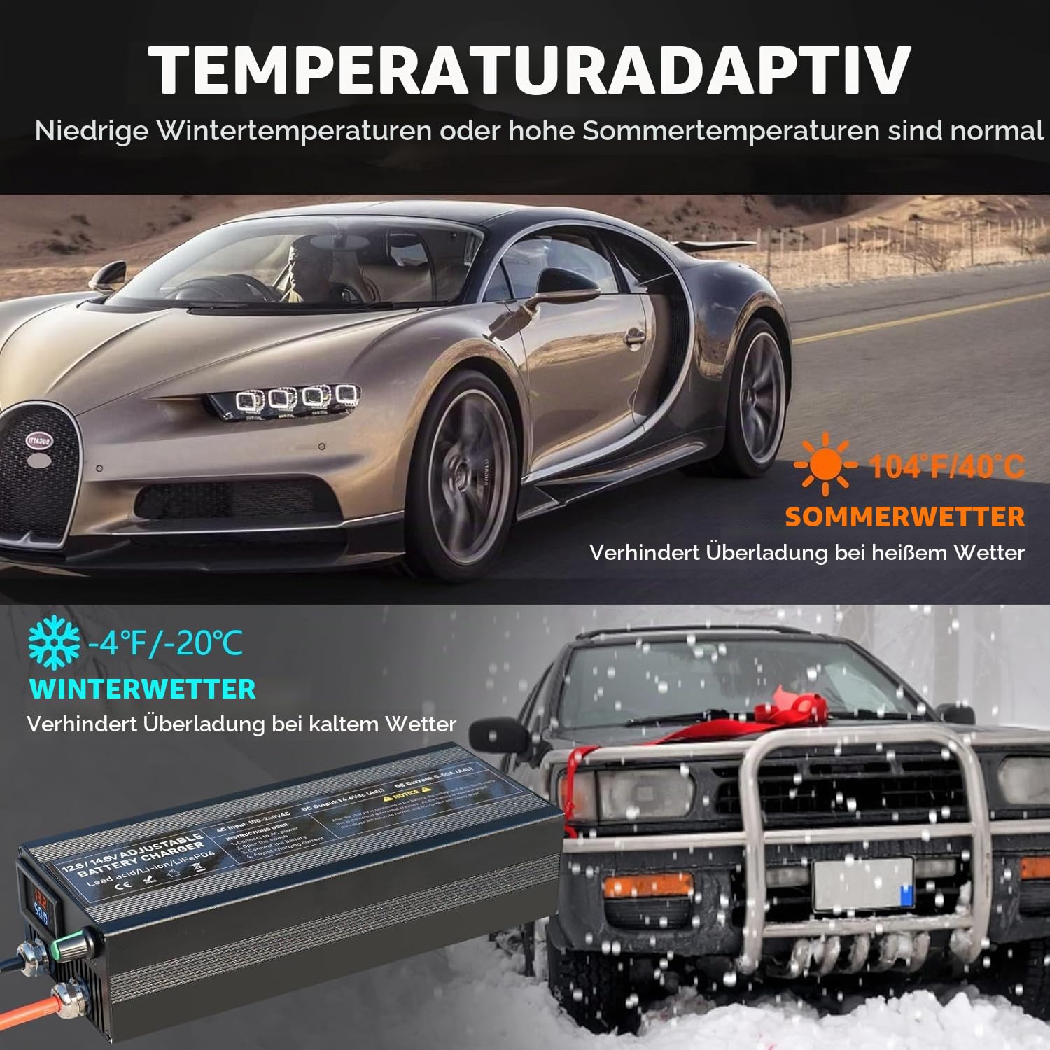 14,6V 0-50A LiFePO4 Ladegerät mit Stufenloser Regulierung, Intelligentes 12V Batterie-Ladegerät mit Aktivierung der Lithium-Batterie für Auto LKW Motorrad Rasenmäher Boot Marine Lithium Batterien