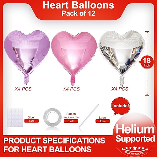 Miniatura 2 de Paquete de 12 globos rosados en forma de corazón, globos plateados de San Valentín, globos románticos de corazón morado para el día de San Valentín,