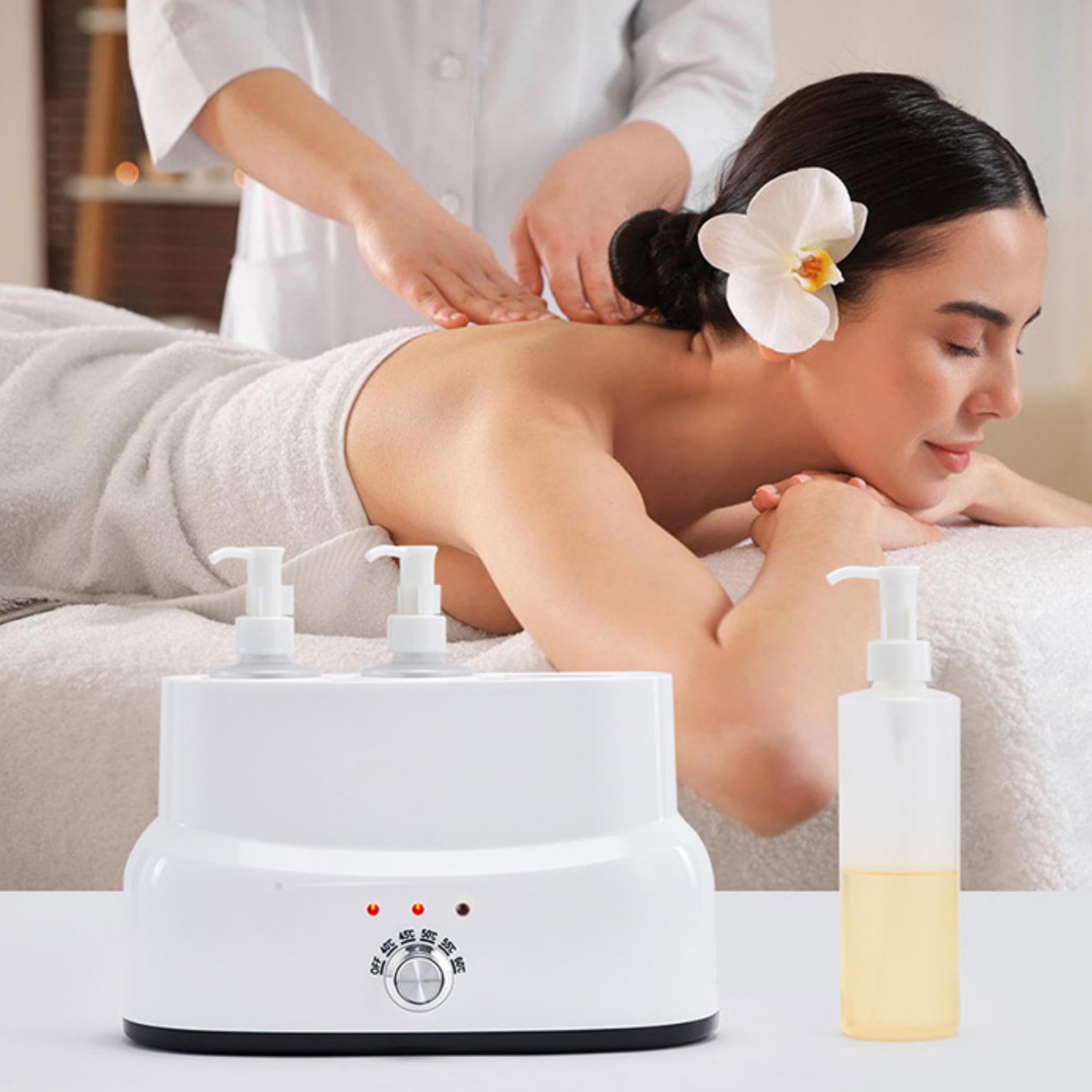 Elitzia Chauffe-huile de massage à trois bouteilles avec contrôle de rotation - Distributeur de lotion - 5 niveaux - Température réglable 40-60°C