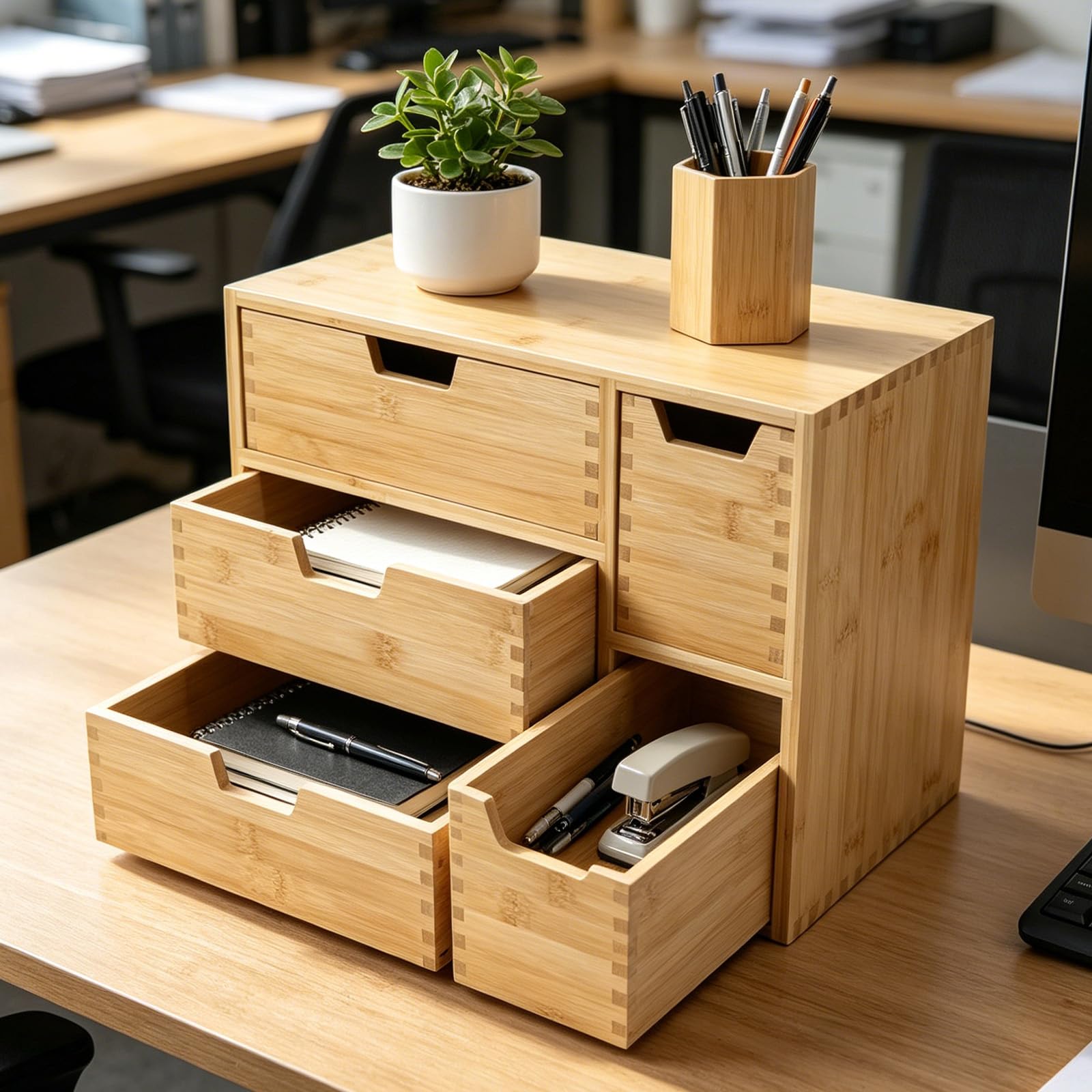 EFUTURETIME Schubladenbox Holz, 36 x 20 x 28,5 cm, Mini Kommode aus Bambus mit 5 Schubladen, Schreibtisch Organizer, Schubladenelement für Teebeuteln, Kaffeekapseln, Stiften, Kosmetika