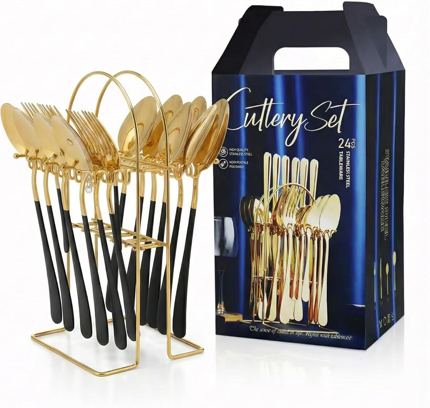 24-Piece Gold & Black Silverware Set – Stainless Steel Cutlery Service for 6 with Cutlery Hanger – Lightweight, Balanced Flatware for Everyday Dining, Guests & Gift Giving