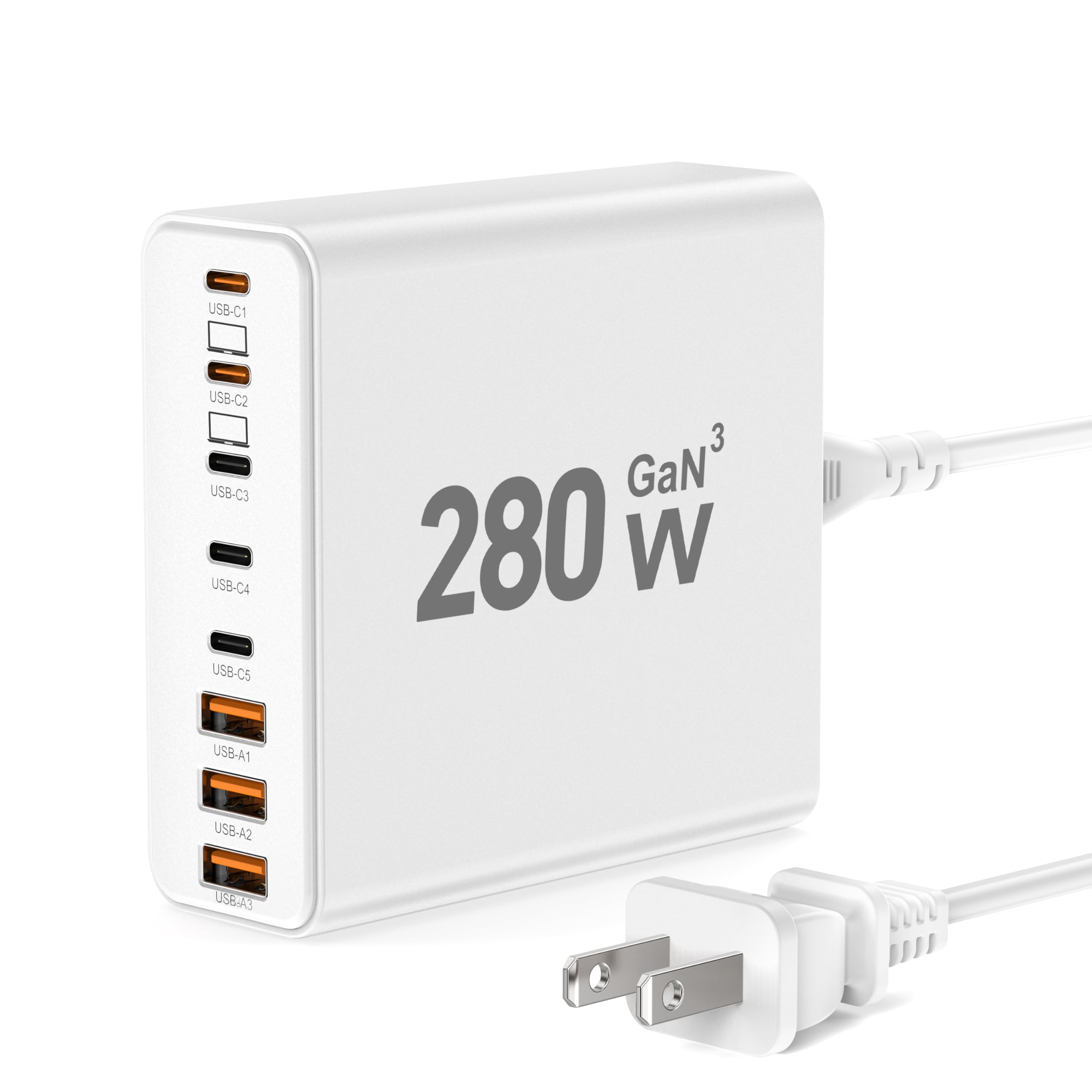 280W USB C Charger Block, 8-Port USB Charging Station GaN III PD 65W Laptop Charger Adapter Compatible with MacBookPro/Air,DELL,iPad,Portable Charging Station for iPhone,Samsung Galaxy(White)