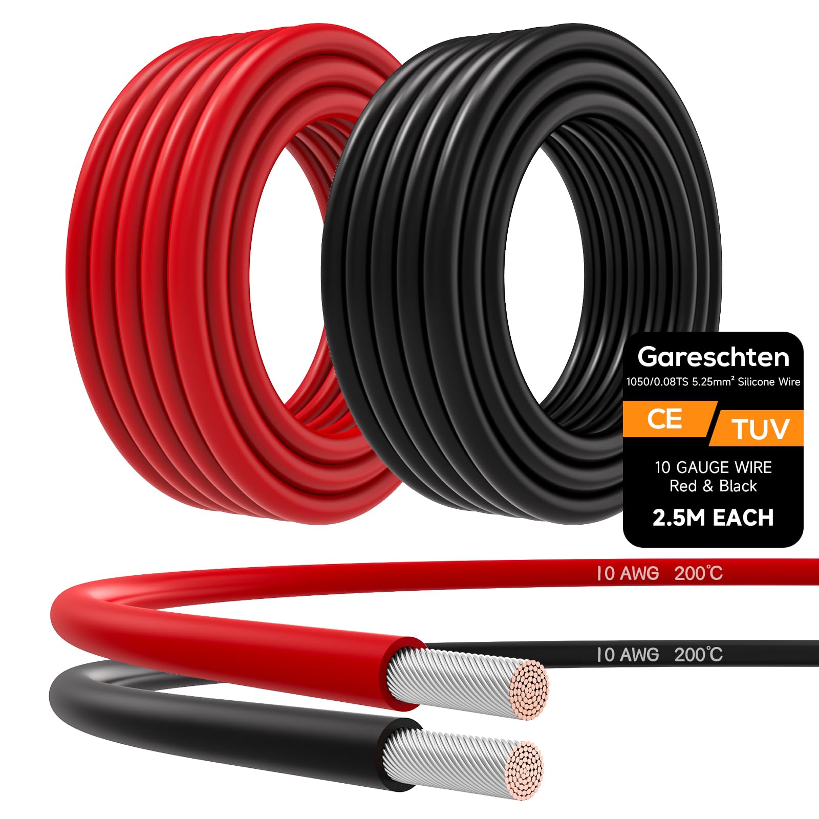 10 AWG Electrical Wire 2x2.5m Soft Silicone Tinned Copper Wire (Red & Black) - Low Impedance, High Temp Resistant Stranded Copper Cable for DIY, Toys, RC Models, Drones & Industrial Applications