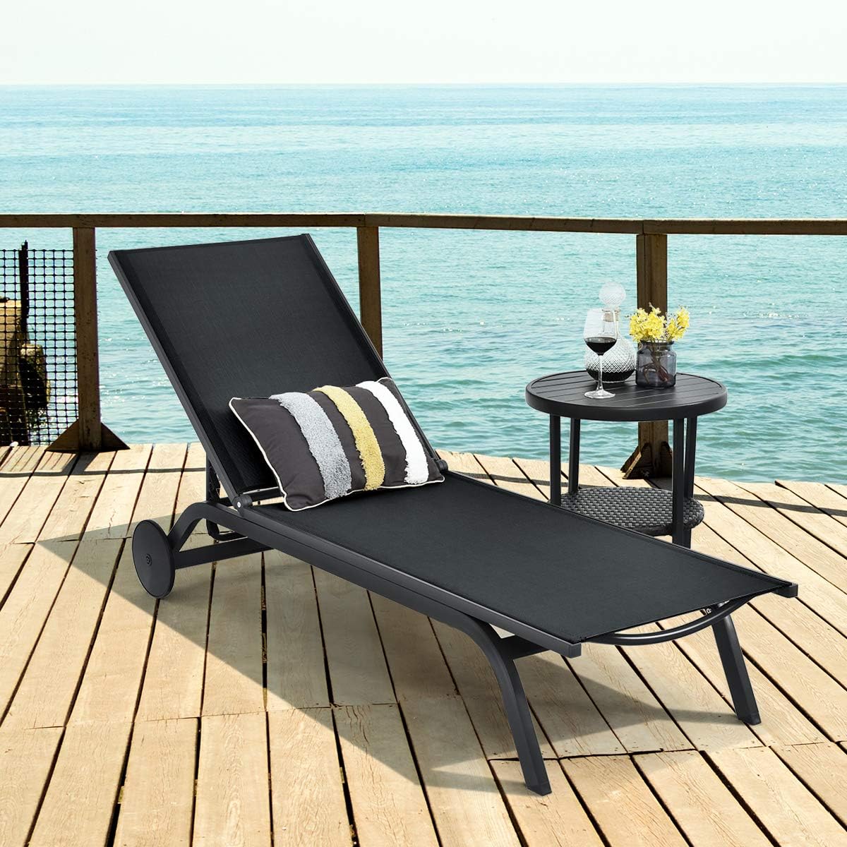 Giantex Lounge Chairs for Outside Patio Chaise Lounges Aluminum Recliner W/Adjustable 6 Backrest Positions and Wheels for Patio Beach Poolside Outdoor Sunbathing Chair(2, Black)