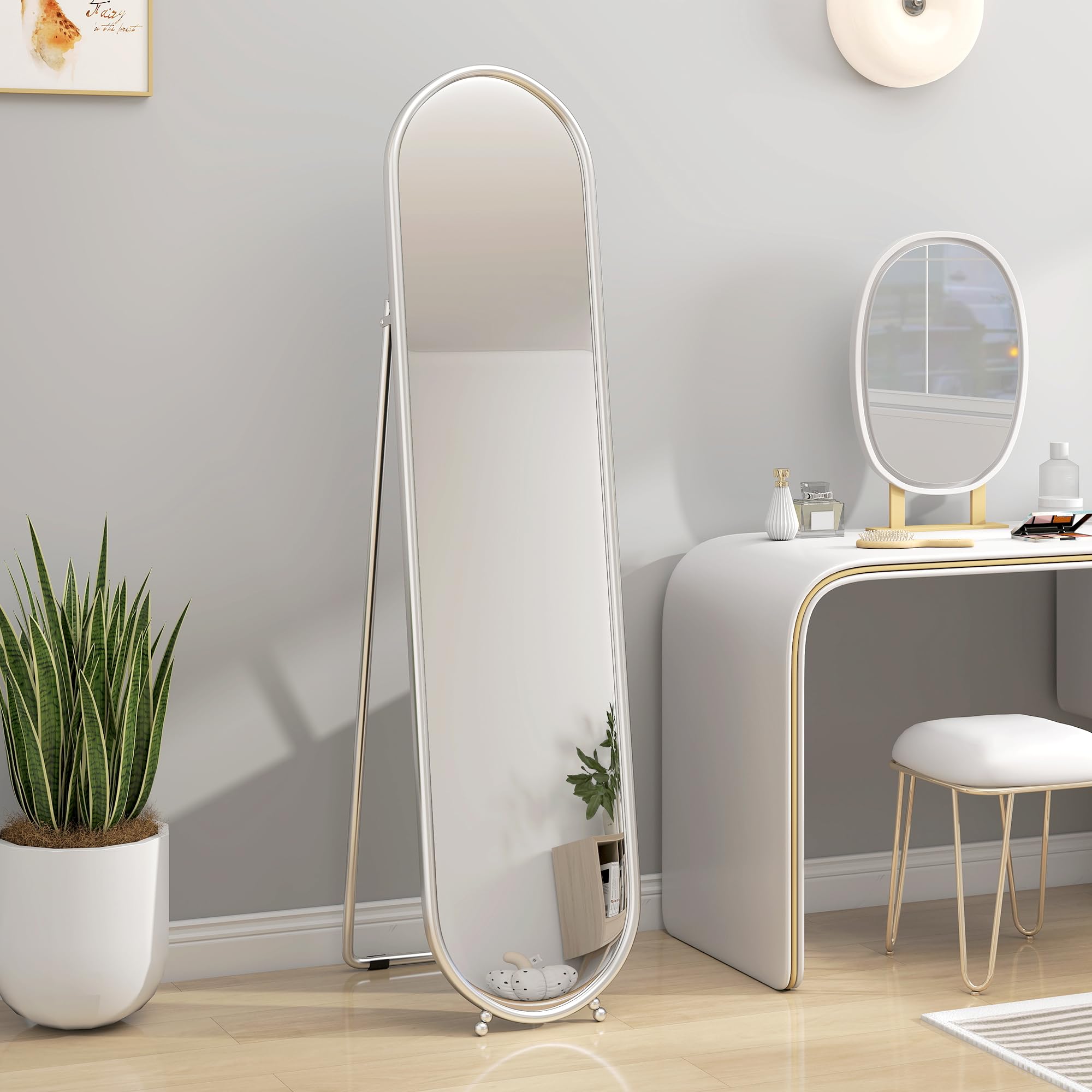 HOMCOM Specchio da Terra Ovale Moderno, 40x160 cm Specchio Autoportante a Figura Intera Antiscoppio con Cornice in Metallo e Supporto, per Camera da Letto, Soggiorno e Ingresso, Argento