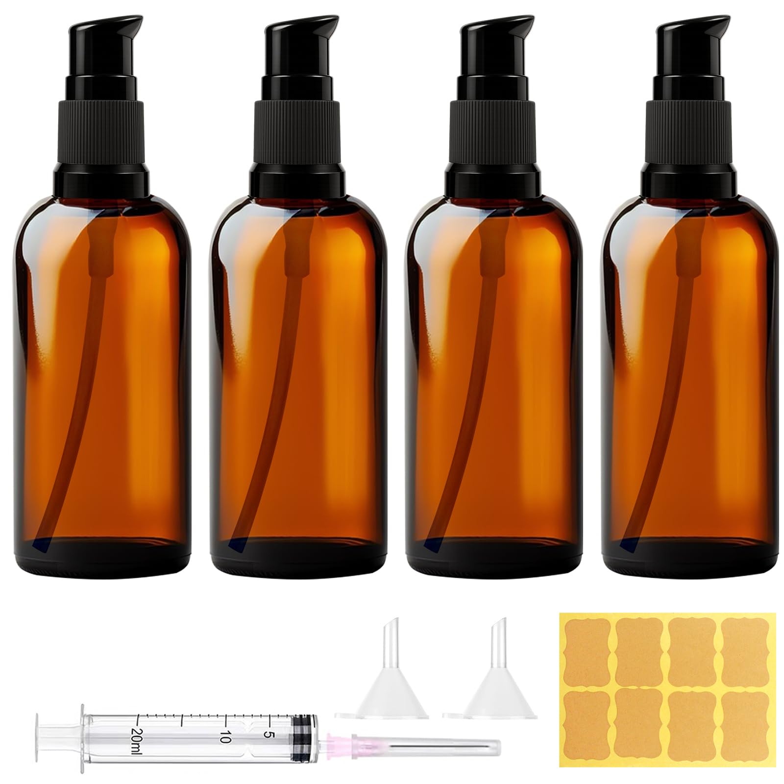 MirraSwit 4 Stück 100ml Leer Glasflaschen Braun, Bernsteinfarbene Glas-Lotion-Flaschen, Pumpflasch, mit Trichter, Spritze, Aufkleber für Aromatherapie, ätherische Öle, Creme, Kosmetik