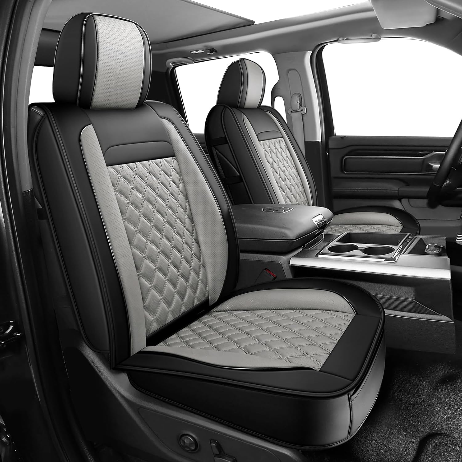 Dodge Ram Seat Covers, Waterproof Leather Ram Seat Cover Compatible with 2009-2026 RAM 1500 2500 3500 Truck Pickup Crew Cab Quad Cab (Black Brown, Front Pair)