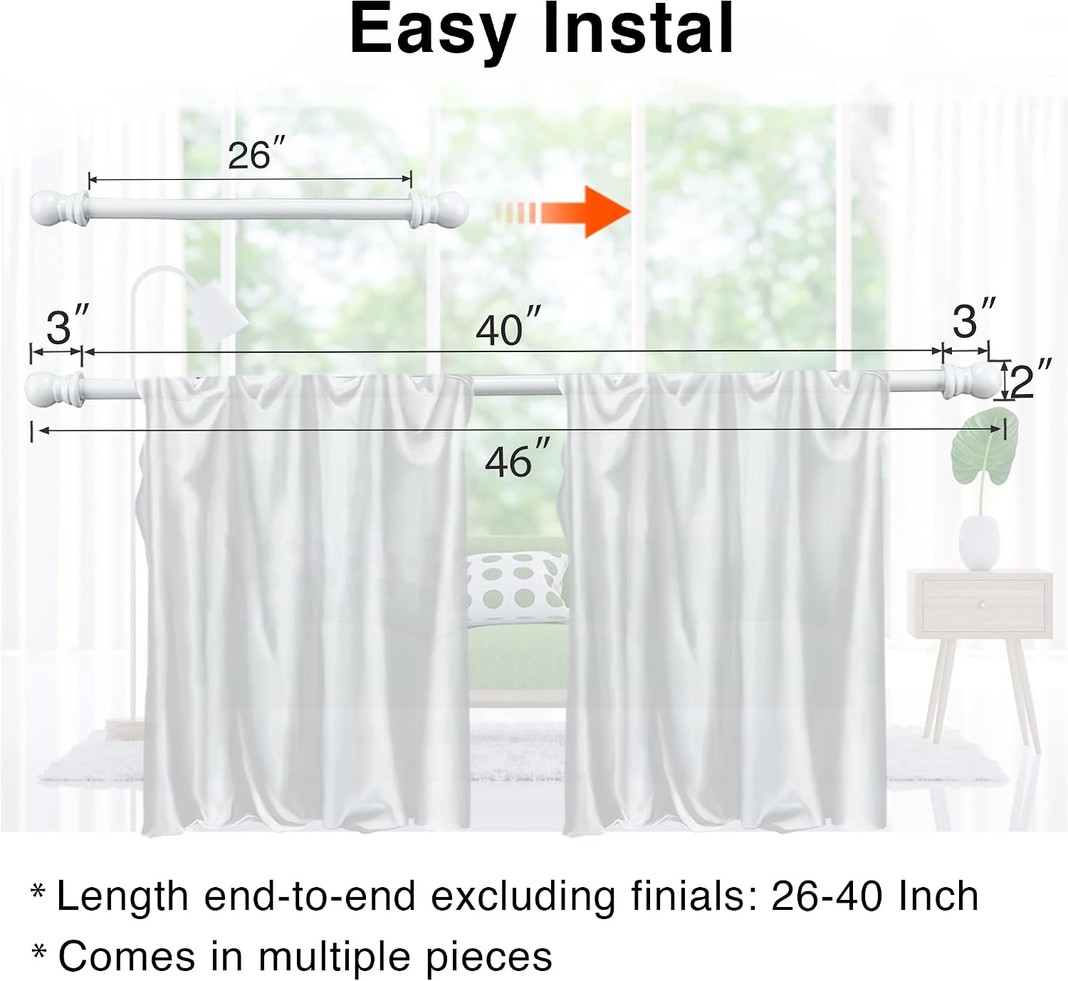 1 Inch White Curtain Rod for Windows 26 to 42 Inch with Window Treatment Hardware - Decorative Bedroom Kitchen Drapery Window Curtain Rod and Bracket Set for Drapes and Curtains