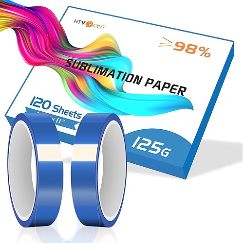 HTVRONT Papel de sublimación de 8.5 x 11 pulgadas, 120 hojas de papel de sublimación fácil de transferir, 2 rollos de cinta térmica para sublimación