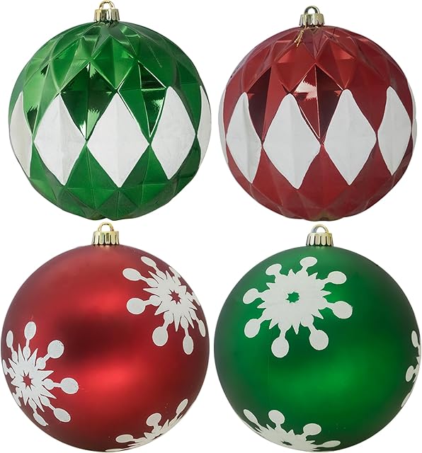 4-pack Christmas Decoration XXL Large Balls Ø200mm/7.9in, Bright Matte Christmas Baubles Hanging Ball Decorations, Snowflake Pattern Anti-Shattering Christmas Balls(Red+Green+White)