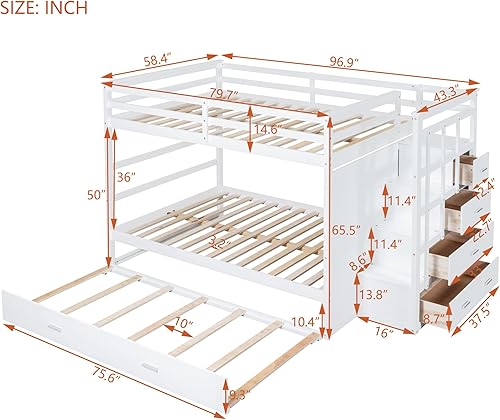Miniatura 82 de Litera individual sobre matrimonial con cajones, escalera deslizante y almacenamiento, litera de madera con barandilla alta y escalera para niños,