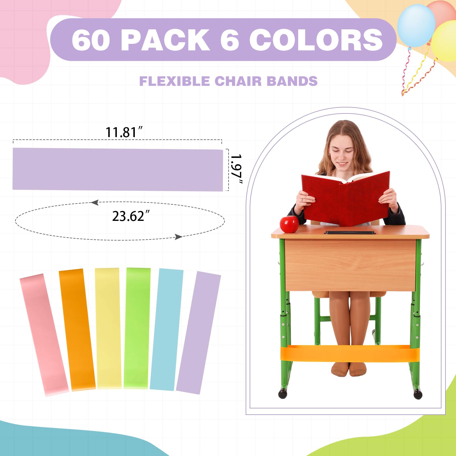 Sratte 60 Stück Stuhlbänder für Kinder mit zappeligen Füßen, Fidget-Bänder, alternative flexible Sitzgelegenheit im Klassenzimmer, für Kinder mit sensorischem ADHS, ADS, Autismus und sensorischen