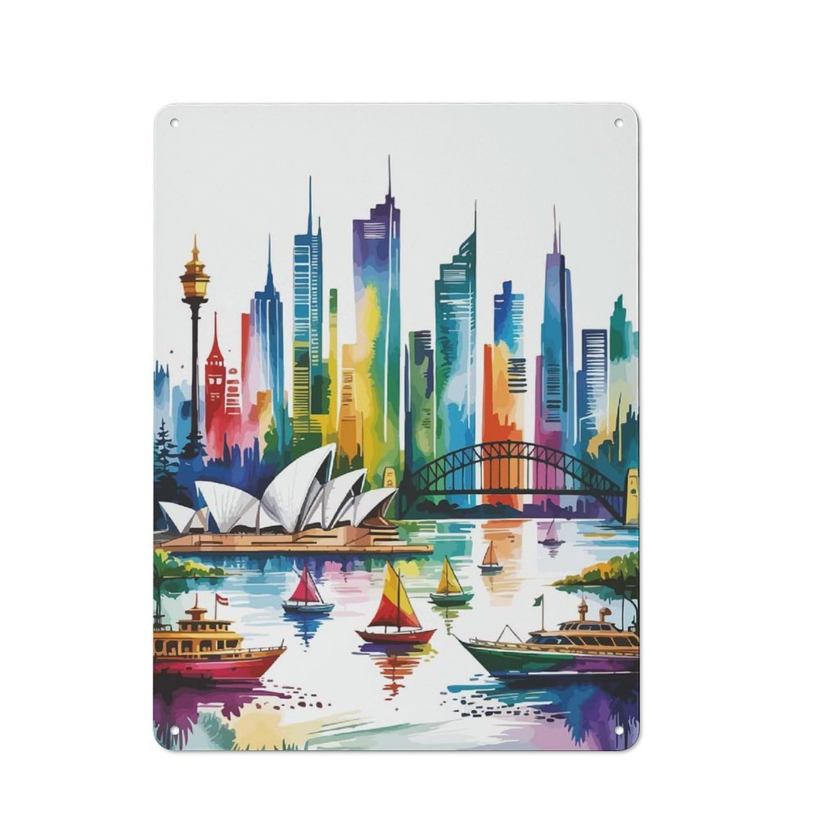 Junmoney Sydney Harbor Watercolor Painting Metal Wall Sign 40X30cm, Retro Decor For Home Bar Wall, For Metal Sign Collectors, For Garage And Workshop Walls