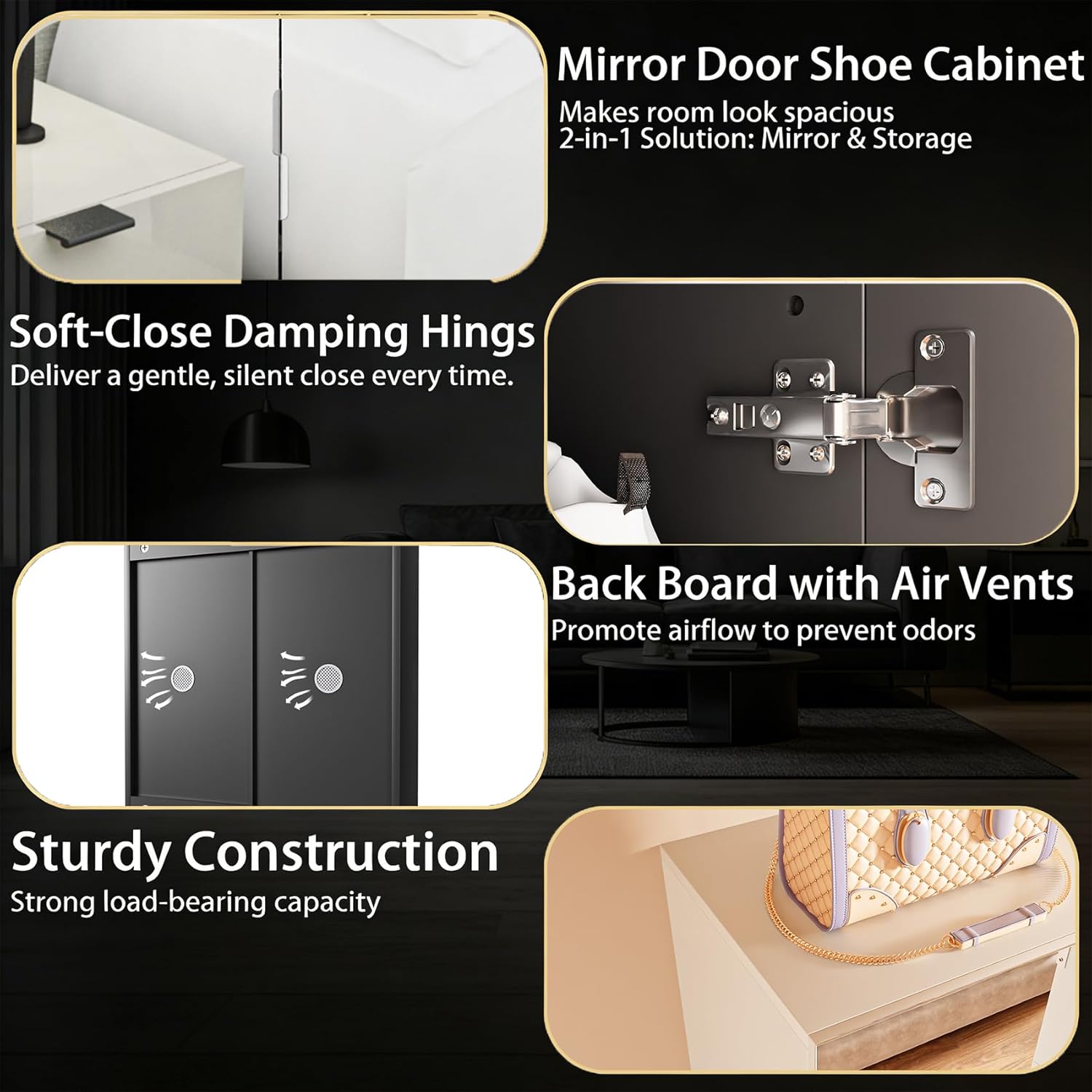 72''Mirror Shoe Cabinet with 6 Full-Length Mirrored Doors, Mirrored Shoe Storage Cabinet Holds 32 Pairs, Tall Shoe Cabinet with Doors and Vented Back for Entryway Hallway Apartment (Classic Black)