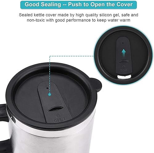 Miniatura 4 de Taza de calefacción para coche de 12 V, 15.2 fl oz, acero inoxidable, caldera de caldera de caldera de caldera portátil para café, té, tazas